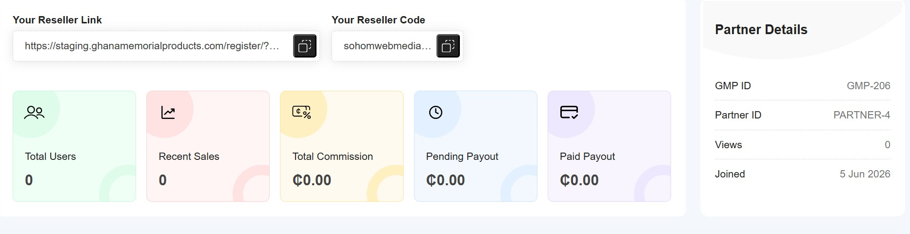 Referral dashboard — KPI cards and partner details