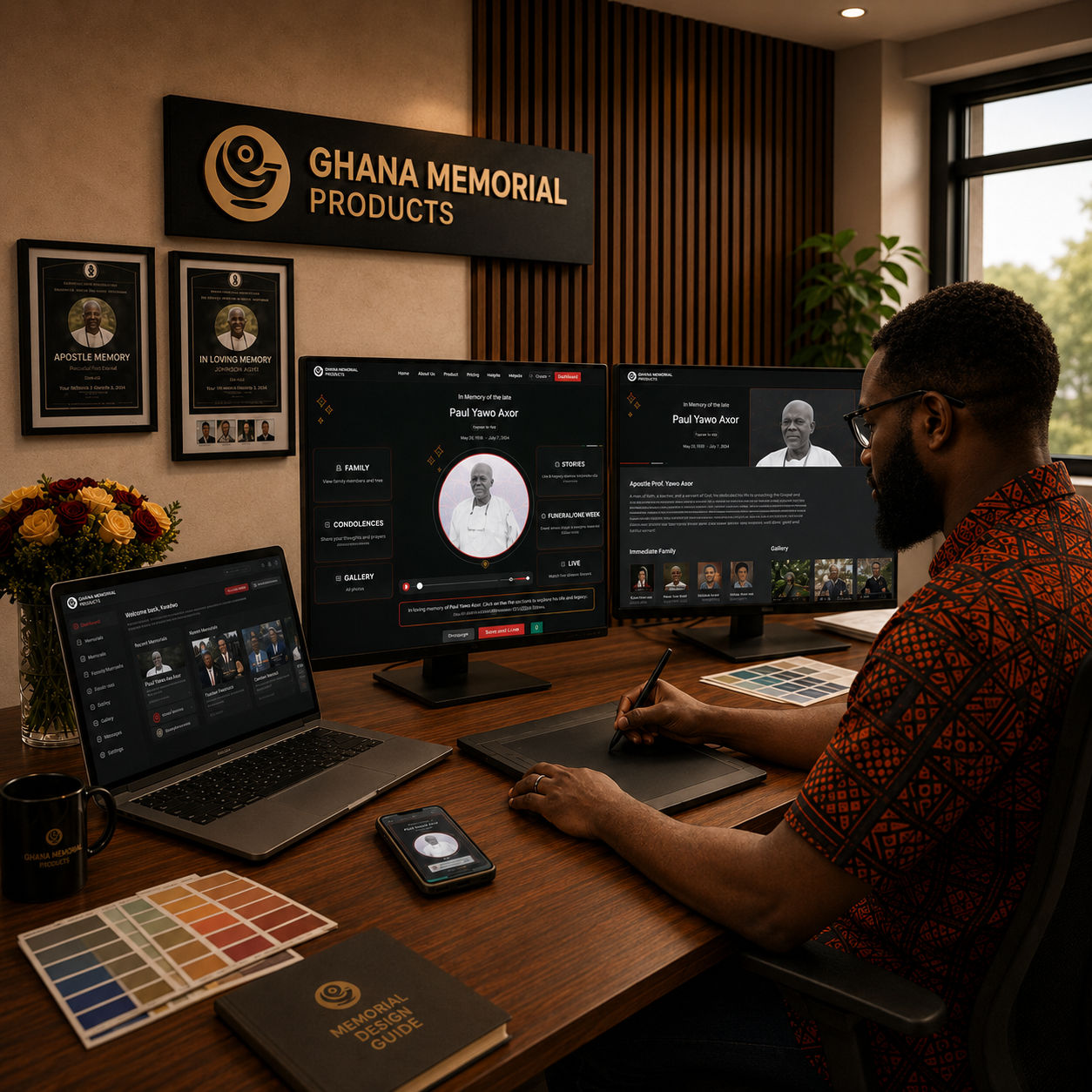 A Ghanaian funeral designer working on a Ghana Memorial Products memorial page