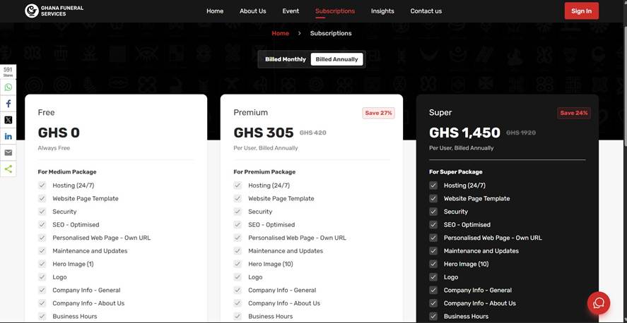GhanaFuneralServices subscription plans - Premium and Super paid listings