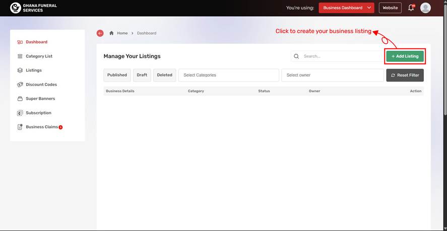 Manage Your Listings dashboard with the Add Listing button highlighted