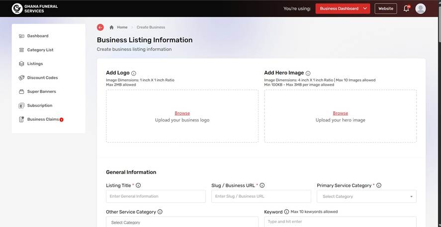Business Listing Information form with logo, hero image and general details