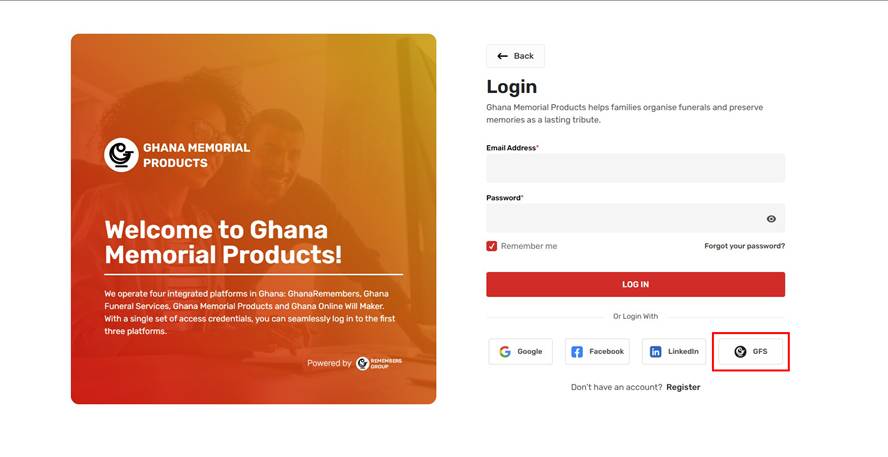 Ghana Memorial Products login screen with the GFS icon highlighted