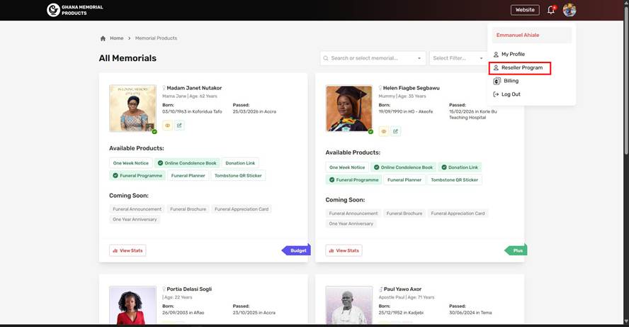 Ghana Memorial Products user menu with Reseller Program highlighted