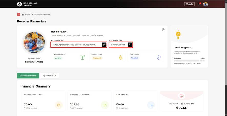 Reseller Dashboard showing your reseller link and reseller code