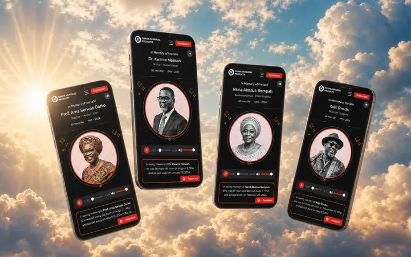 Ghana Memorial pages, including the One-Week Event Page, shown on mobile phones.